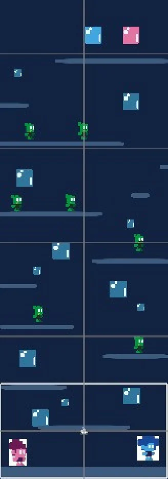 Fase 1: plataformas em azul escuro com inimigos verdes.