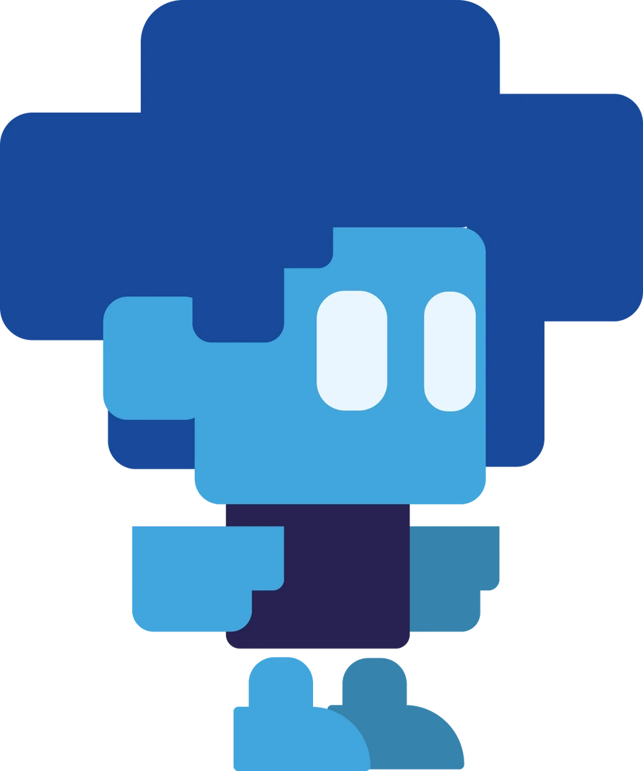 Personagem azul em pixel art.