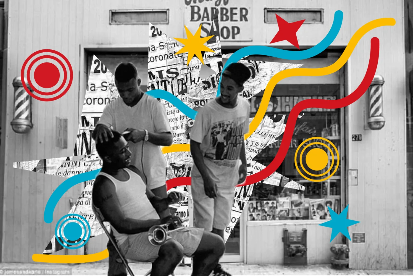 Cartão 08, na barbearia: Grupo numa barbearia de rua, em preto e branco com colagem de jornal e formas coloridas.