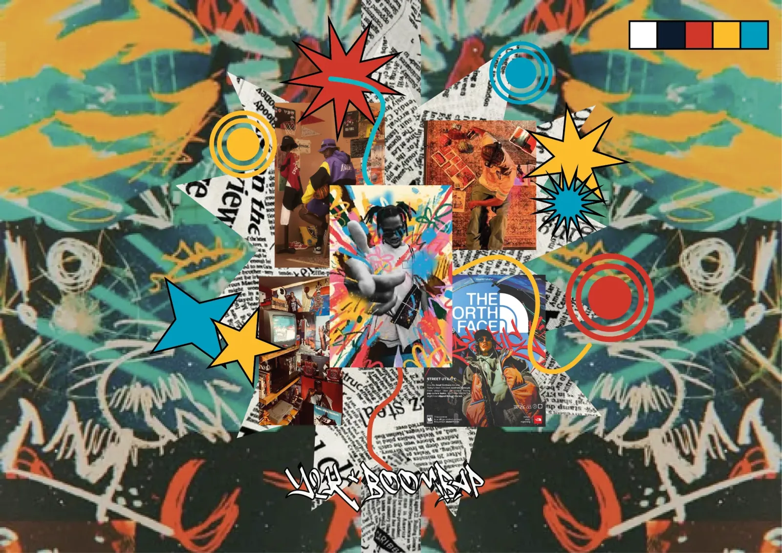 Moodboard Y2K x Boom Bap: colagem com fotos de streetwear, recortes de jornal, estrelas, alvos e rabiscos em vermelho, amarelo e azul.