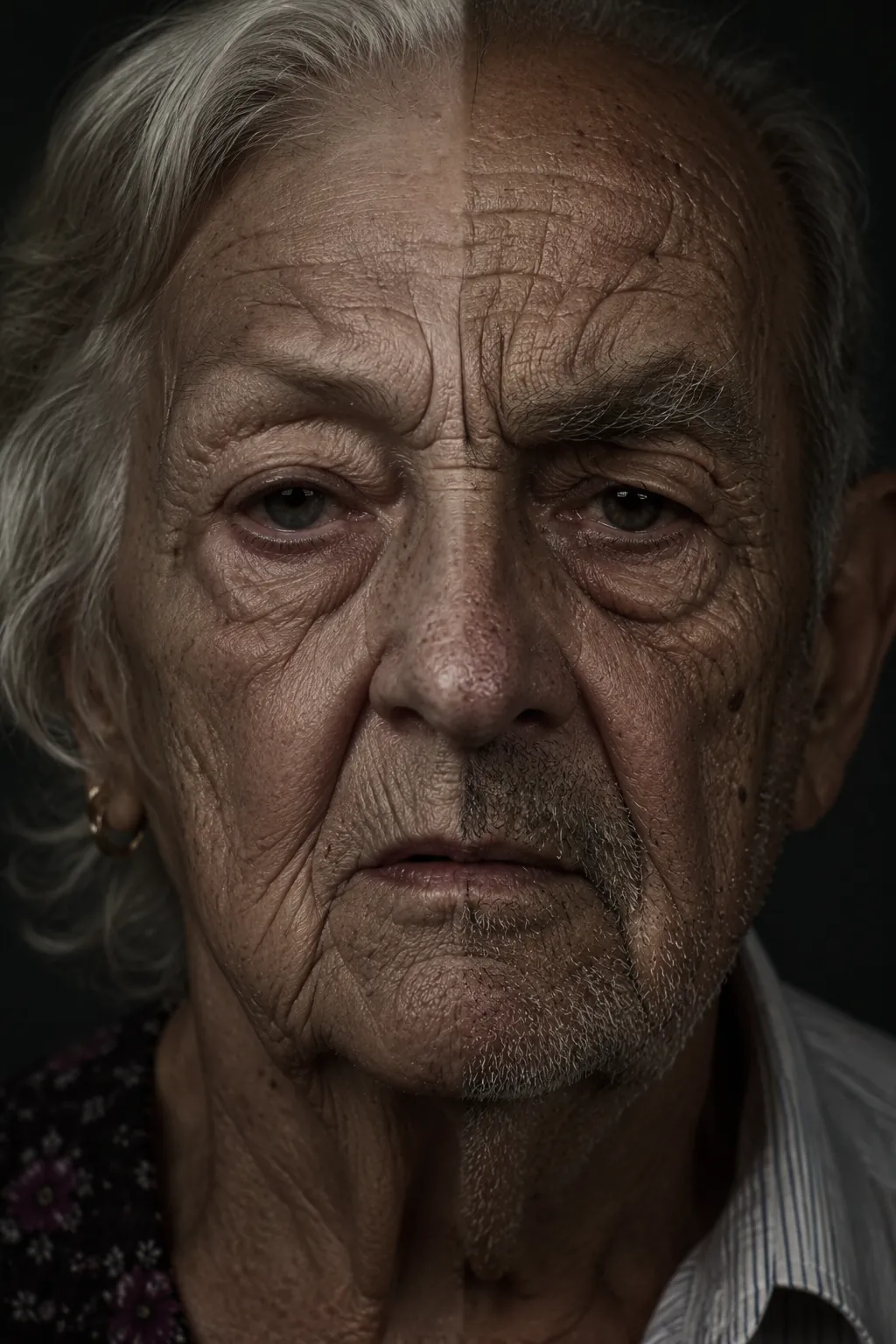 Retrato em close de um rosto idoso, metade feminino e metade masculino, com rugas marcadas.