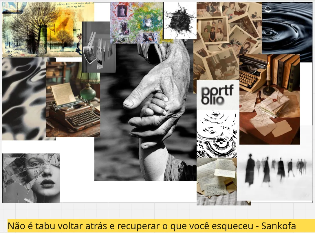 Moodboard do projeto: mãos idosas e infantis, fotos antigas, máquina de escrever, cartas e silhuetas em névoa.