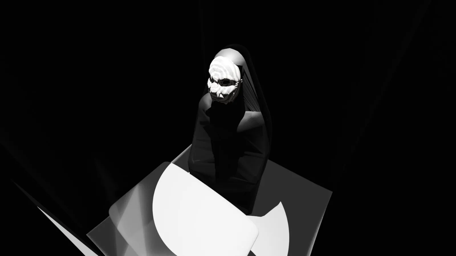 Render 3D da entidade mascarada iluminada no escuro.