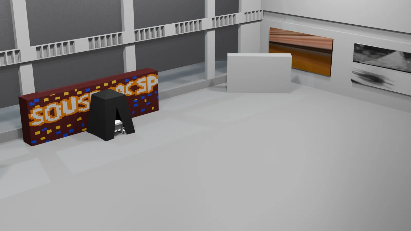 Render 3D da sala com a estrutura da instalação vista de longe.