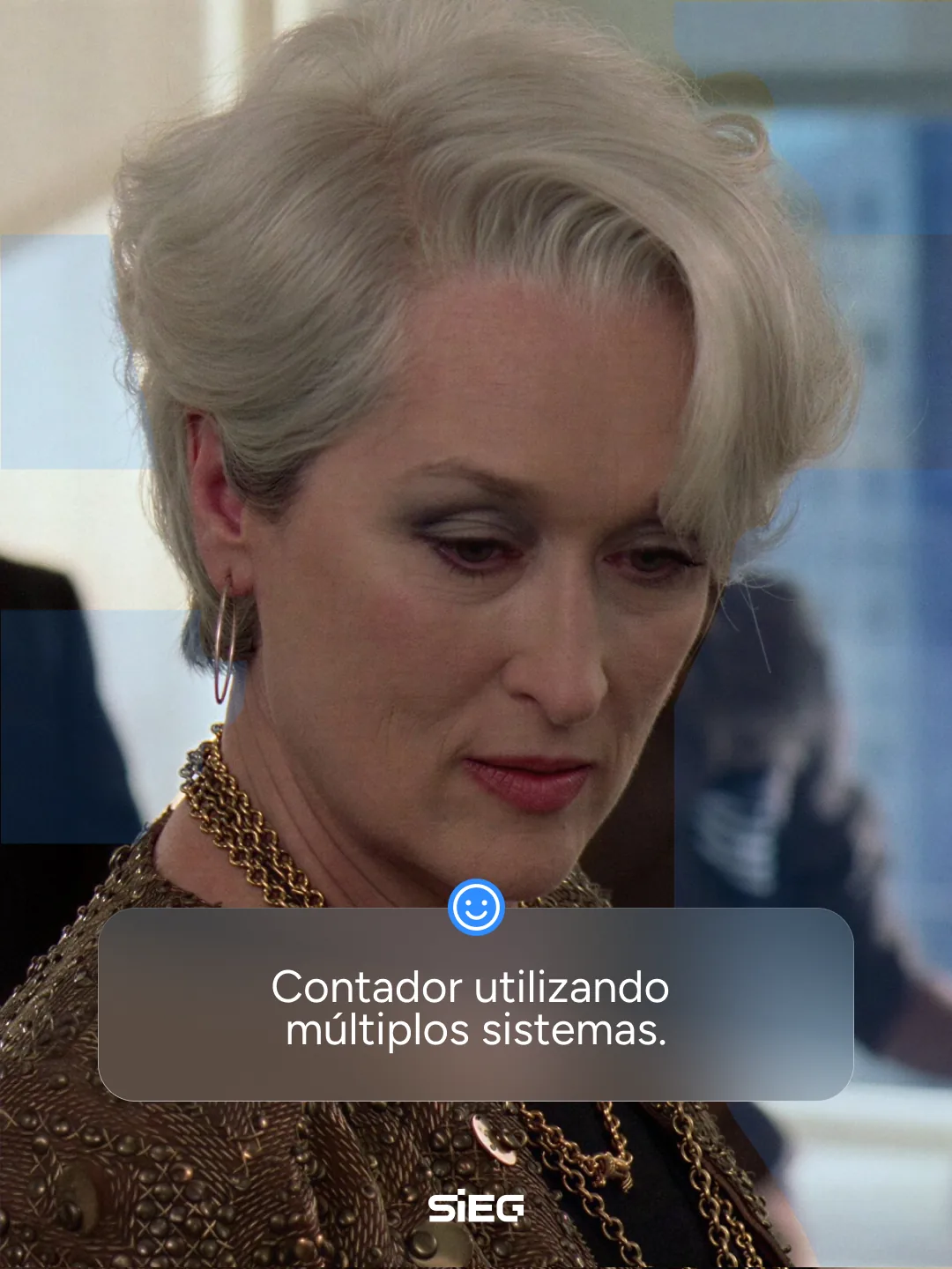 O olhar da Miranda, slide 3: Miranda Priestly séria: contador utilizando múltiplos sistemas.